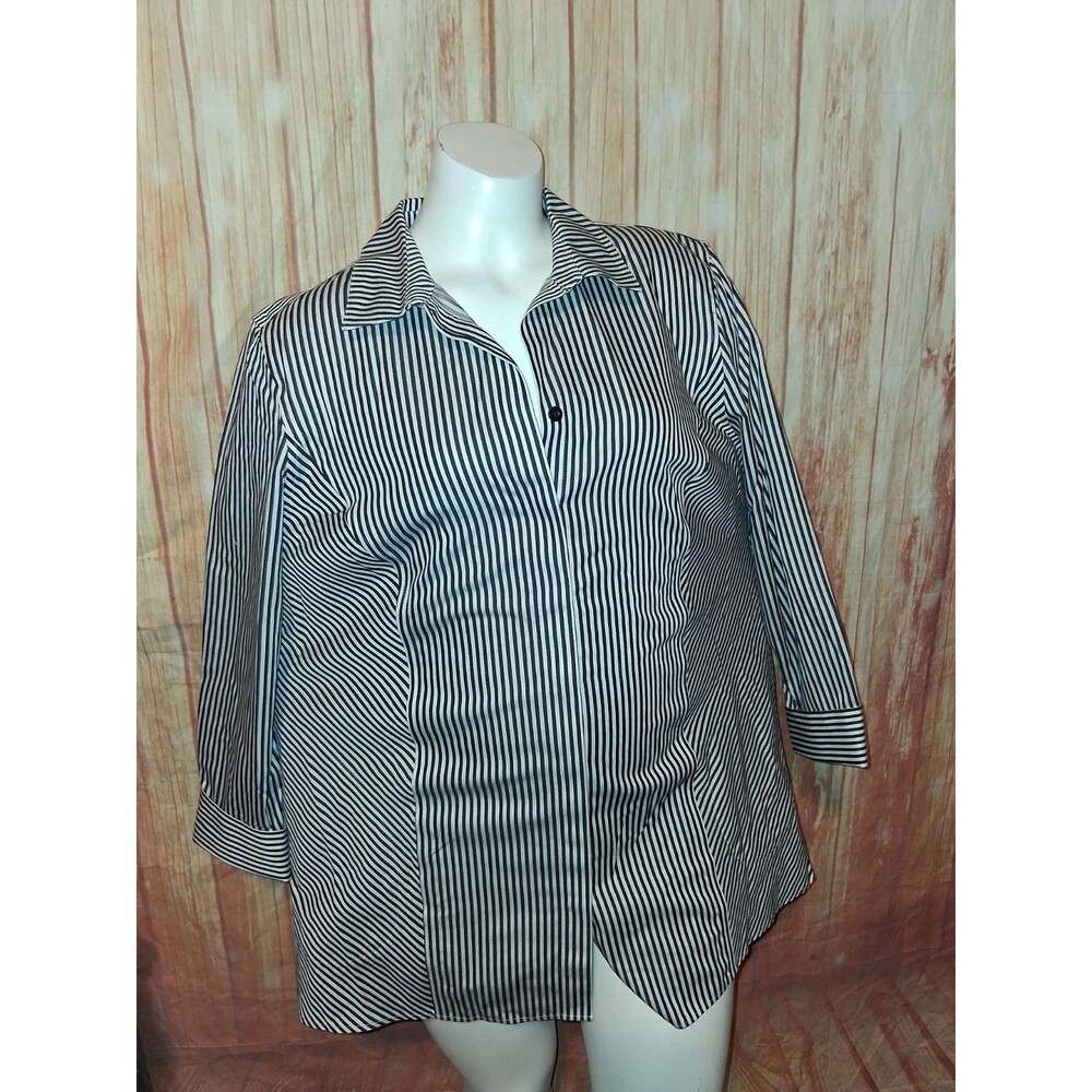 Chicos Black/White Stripe 3/4 Sleeve Button Up Blouse Sz 12/14P